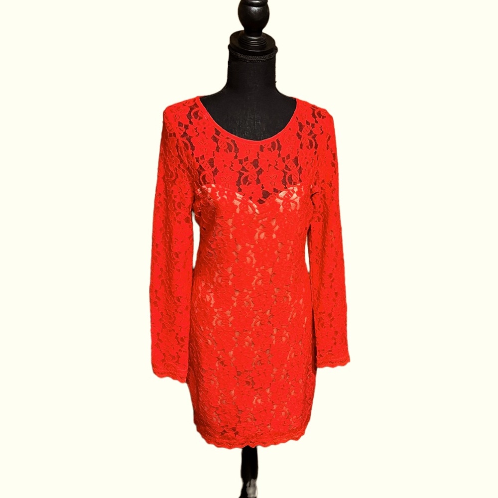 Express Red Lace Long Sleeve Open Back Mini Dress size Medium